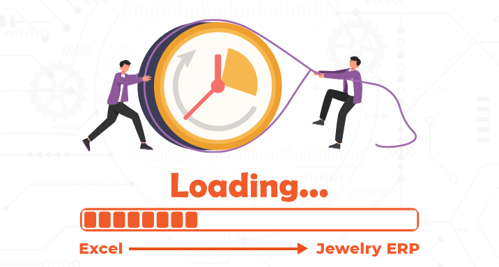 Illustration of clock and progress bar symbolizing delay in adopting jewelry inventory software