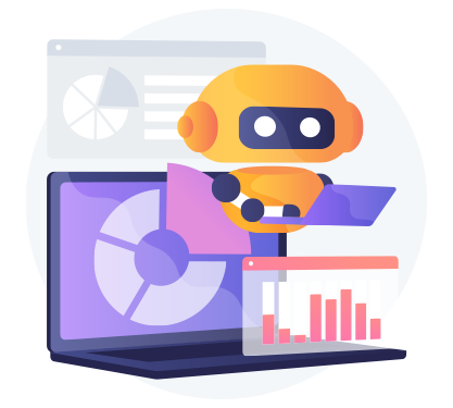 Illustration of automation robot with graphs on computer screen