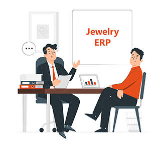 Cartoon-style image of discussion about jewelry software solutions