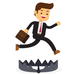 Illustration of businessman jumping over trap symbolizing jewelry software implementation challenges