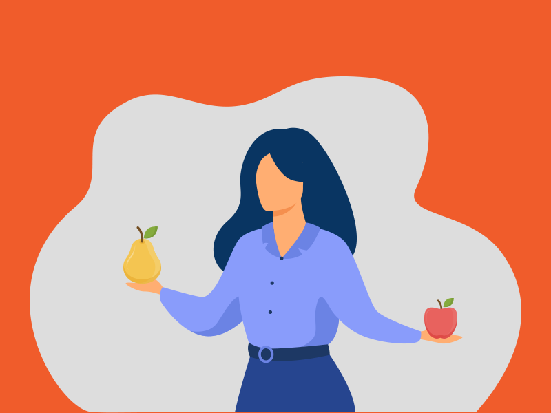 Illustration of woman holding apple and pear symbolizing comparison of old and new systems