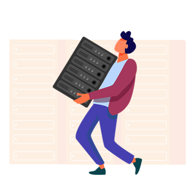 Illustration of person holding heavy server hardware representing traditional IT burden