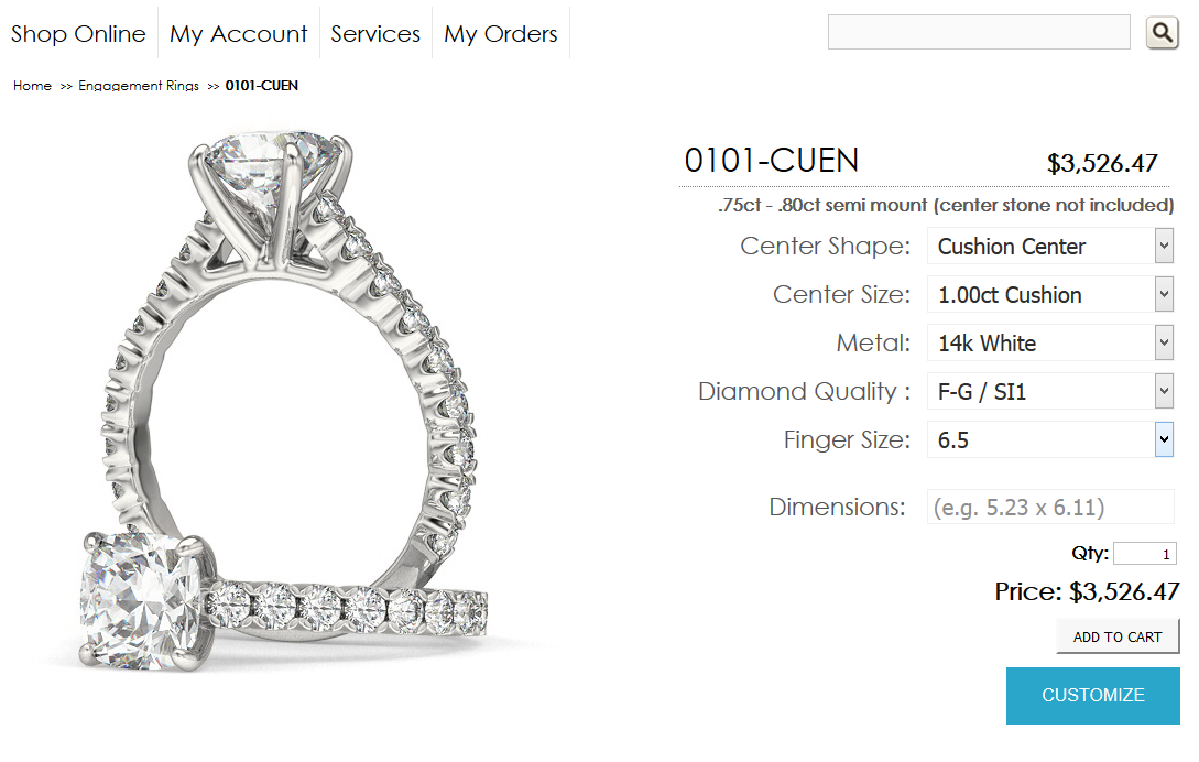 Screenshot of jewelry customer portal showing diamond ring order details