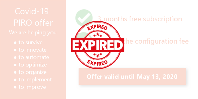 Infographic showing PIRO Covid-19 jewelry software offer with free subscription and waived fees, expired May 2020