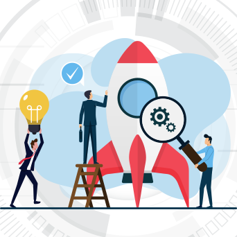 Illustration of rocket launch with business team analyzing data