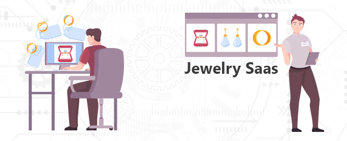 Illustration of SaaS jewelry software with users and devices