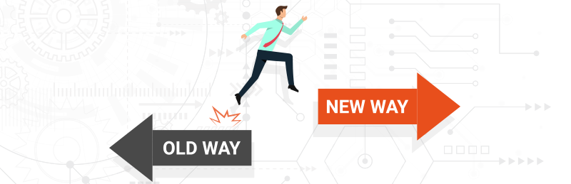 Illustration of employee moving from old way to new way in ERP adoption