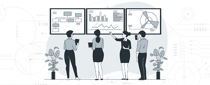 Illustration of business team analyzing data on large screens