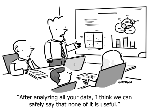 Cartoon of business meeting about data migration highlighting useless old data