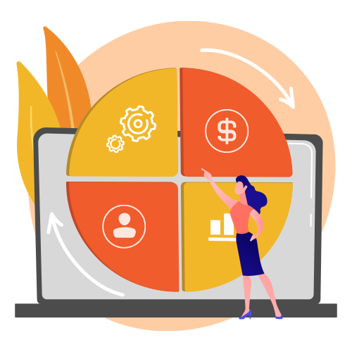 Illustration of centralized jewelry management system dashboard with icons for finance, users, and settings