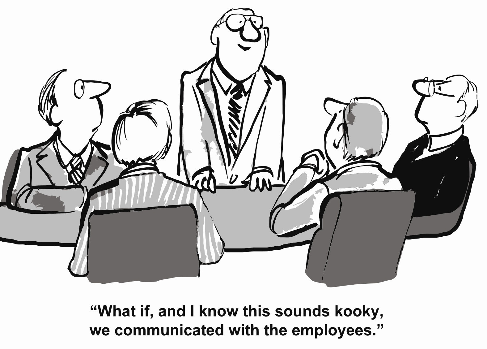 Cartoon of managers discussing employee communication during software change