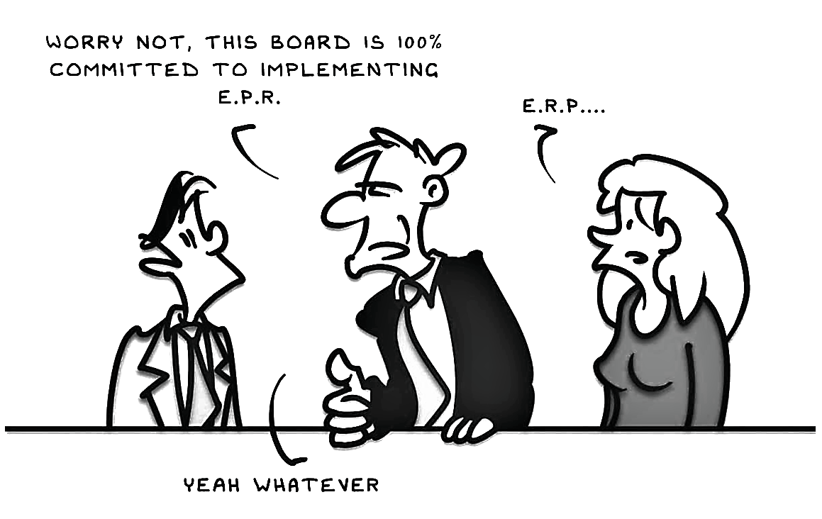 Cartoon illustration showing lack of true management commitment to ERP project