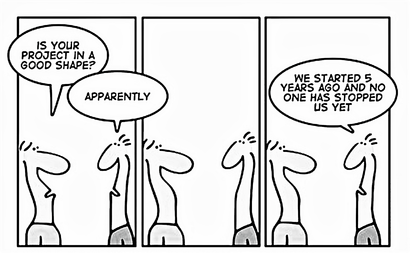 Cartoon about ERP projects dragging on for years without proper completion