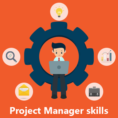 Illustration of project manager with laptop inside gear symbolizing skills and responsibilities